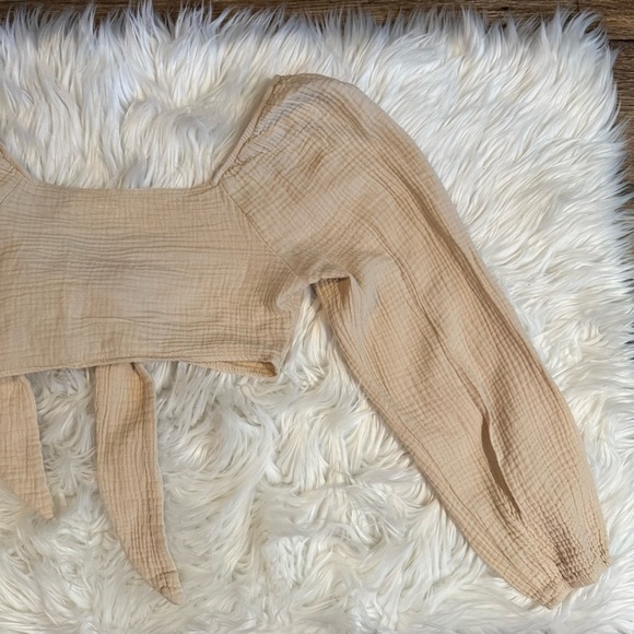 SHEIN Petite XXS Beige Gauze Tie Front Long Sleeve Crop Top Boho Blouse - Picture 10 of 11